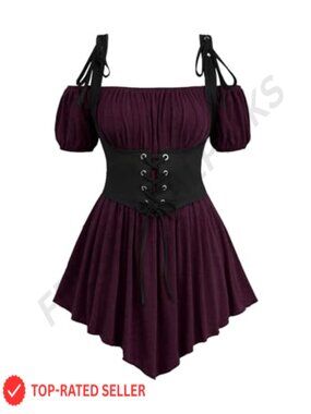 Gothic Off Shoulder Corset Top Lace-Up Peasant Shirt Plus Size